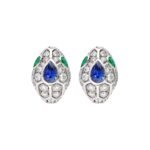 Pre-Owned Bvlgari Serpenti Seduttori 18K White Gold Earrings with Emerald Eyes, Full Pavé Diamonds and a Blue Sapphire