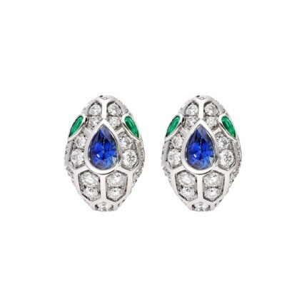 Pre-Owned Bvlgari Serpenti Seduttori 18K White Gold Earrings with Emerald Eyes, Full Pavé Diamonds and a Blue Sapphire