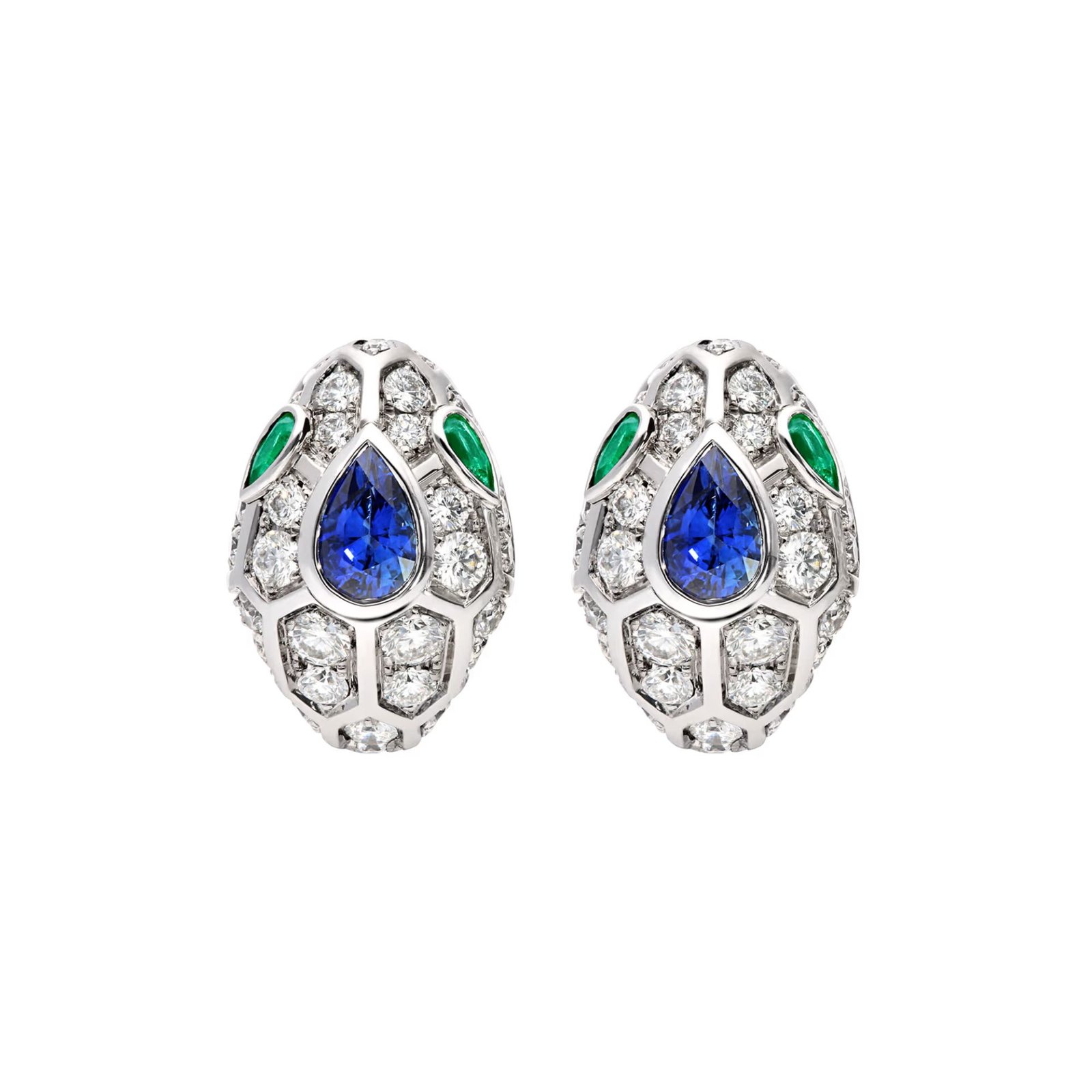 Pre-Owned Bvlgari Serpenti Seduttori 18K White Gold Earrings with Emerald Eyes, Full Pavé Diamonds and a Blue Sapphire (1) Pre-Owned Bvlgari Serpenti Seduttori 18K White Gold Earrings with Emerald Eyes, Full Pavé Diamonds and a Blue Sapphire