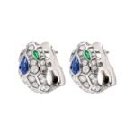 Pre-Owned Bvlgari Serpenti Seduttori 18K White Gold Earrings with Emerald Eyes, Full Pavé Diamonds and a Blue Sapphire - Image 2