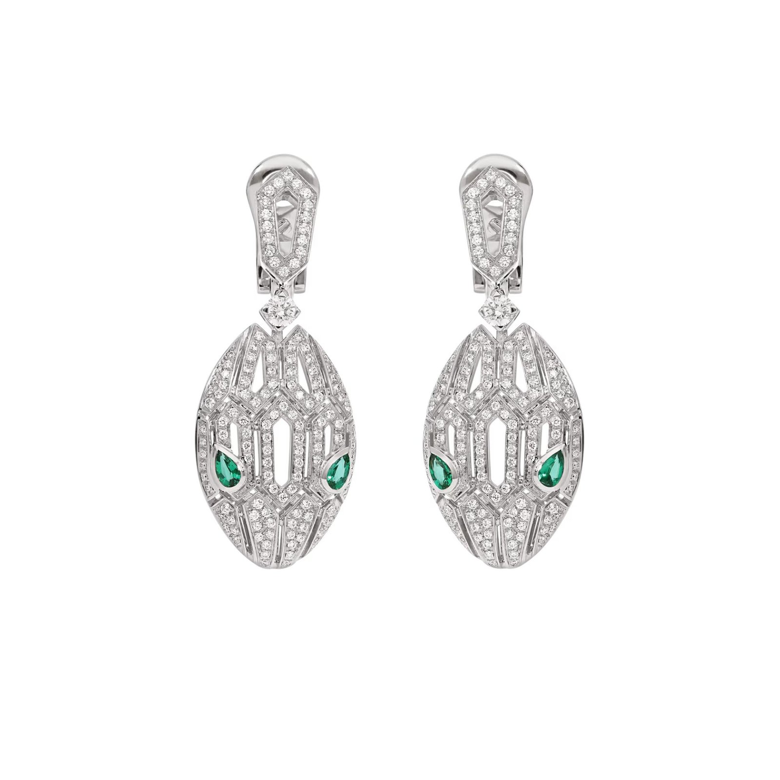 Pre-Owned Bvlgari Serpenti Seduttori 18K White Gold Earrings with Emerald Eyes and Pavé Diamonds (1) Pre-Owned Bvlgari Serpenti Seduttori 18K White Gold Earrings with Emerald Eyes and Pavé Diamonds