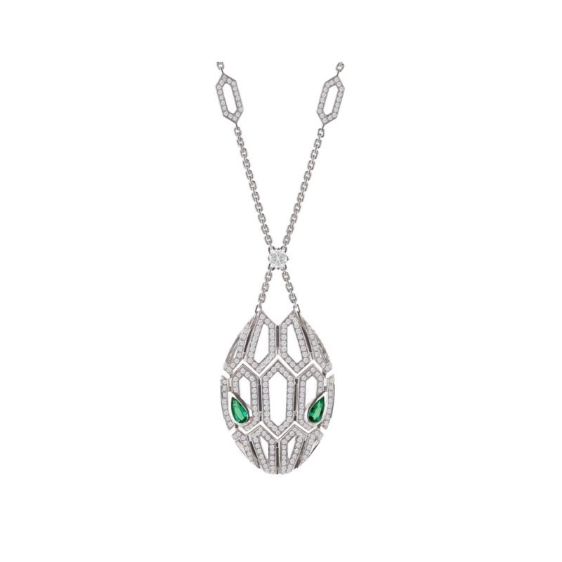 Pre-Owned Bvlgari Serpenti Seduttori 18K White Gold Emerald and Diamond Necklace