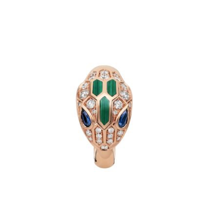 Pre-Owned Bvlgari Serpenti Seduttori Ring in 18K Rose Gold Set with Blue Sapphire Eyes, Malachite Elements and Pavé Diamonds