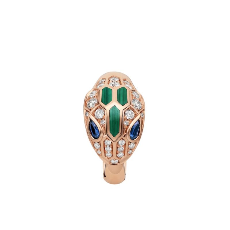Pre-Owned Bvlgari Serpenti Seduttori Ring in 18K Rose Gold Set with Blue Sapphire Eyes, Malachite Elements and Pavé Diamonds