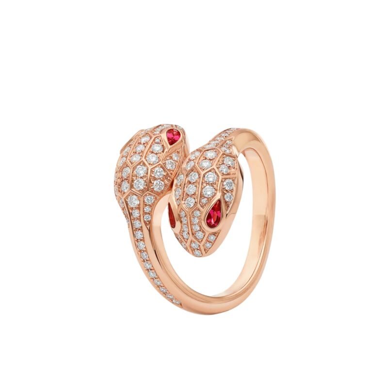 Pre-Owned Bvlgari Serpenti Seduttori Ring in 18K Rose Gold Set with Rubellite Eyes and Pavé Diamonds