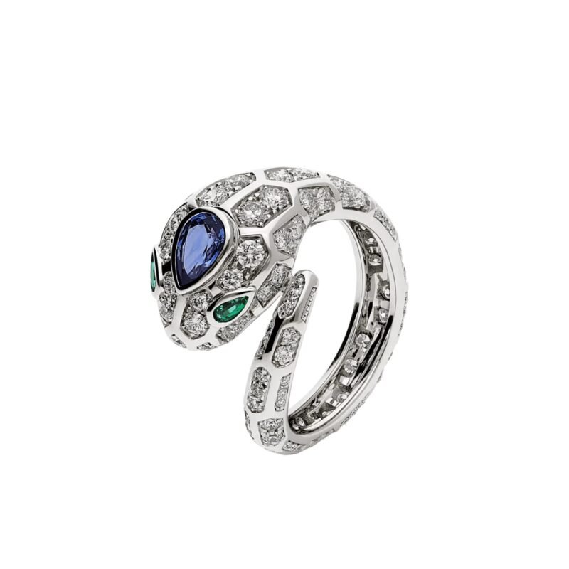 Pre-Owned Bvlgari Serpenti Seduttori Ring in 18K White Gold Set with Emerald Eyes, Full Pavé Diamonds and a Blue Sapphire