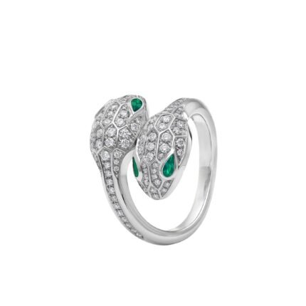 Pre-Owned Bvlgari Serpenti Seduttori Ring in 18K White Gold Set with Emerald Eyes and Pavé Diamonds