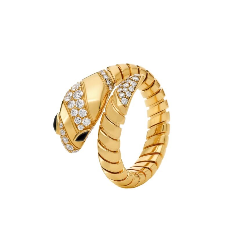 Pre-Owned Bvlgari Serpenti Tubogas One-Coil Ring in 18K Yellow Gold Set with Demi Pavé Diamonds and Black Onyx Eyes