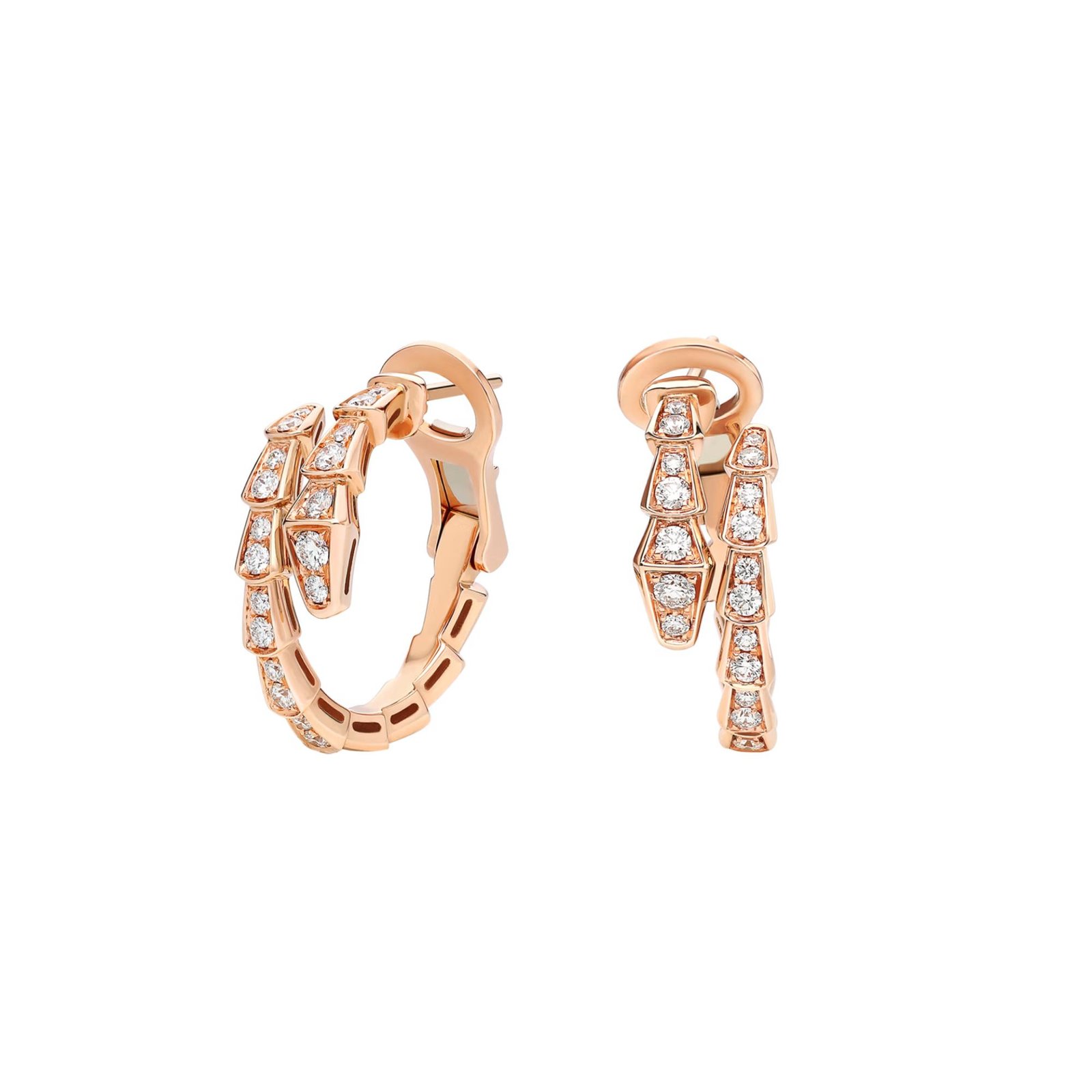 Pre-Owned Bvlgari Serpenti Viper 18K Rose Gold Hoop Earrings with Full Pavé Diamonds (1) Pre-Owned Bvlgari Serpenti Viper 18K Rose Gold Hoop Earrings with Full Pavé Diamonds