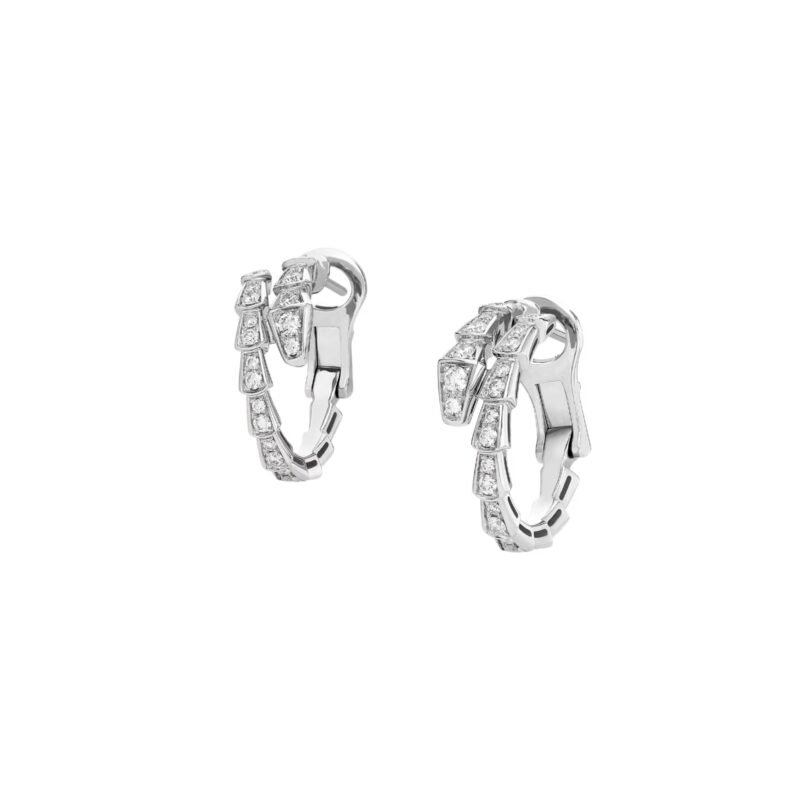 Pre-Owned Bvlgari Serpenti Viper 18K White Gold Hoop Earrings with Full Pavé Diamonds