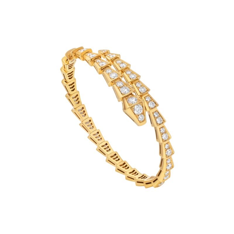 Pre-Owned Bvlgari Serpenti Viper One-Coil 18K Yellow Gold Full Pavé Diamond Bracelet