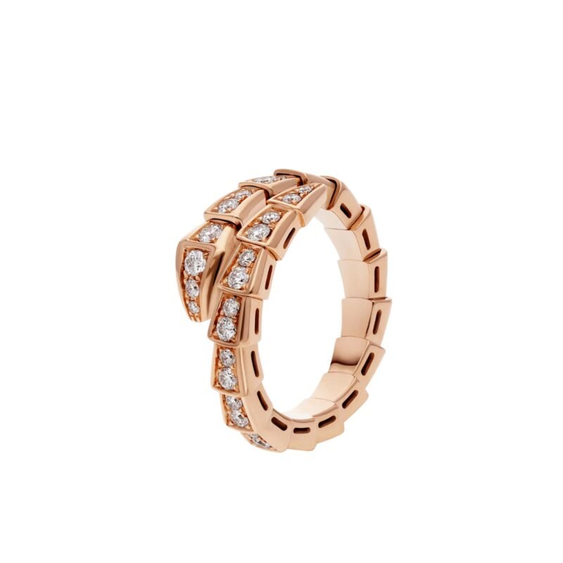 Pre-Owned Bvlgari Serpenti Viper One-Coil Ring in 18K Rose Gold Set with Full Pavé Diamonds