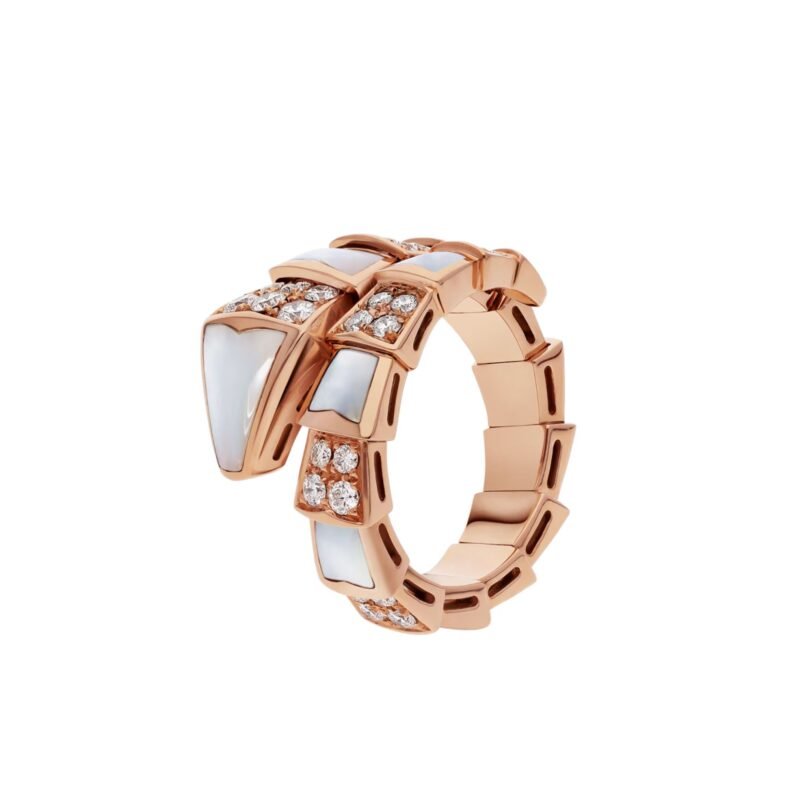Pre-Owned Bvlgari Serpenti Viper One-Coil Ring in 18K Rose Gold Set with Pavé Diamonds and White Mother-of-Pearl Elements