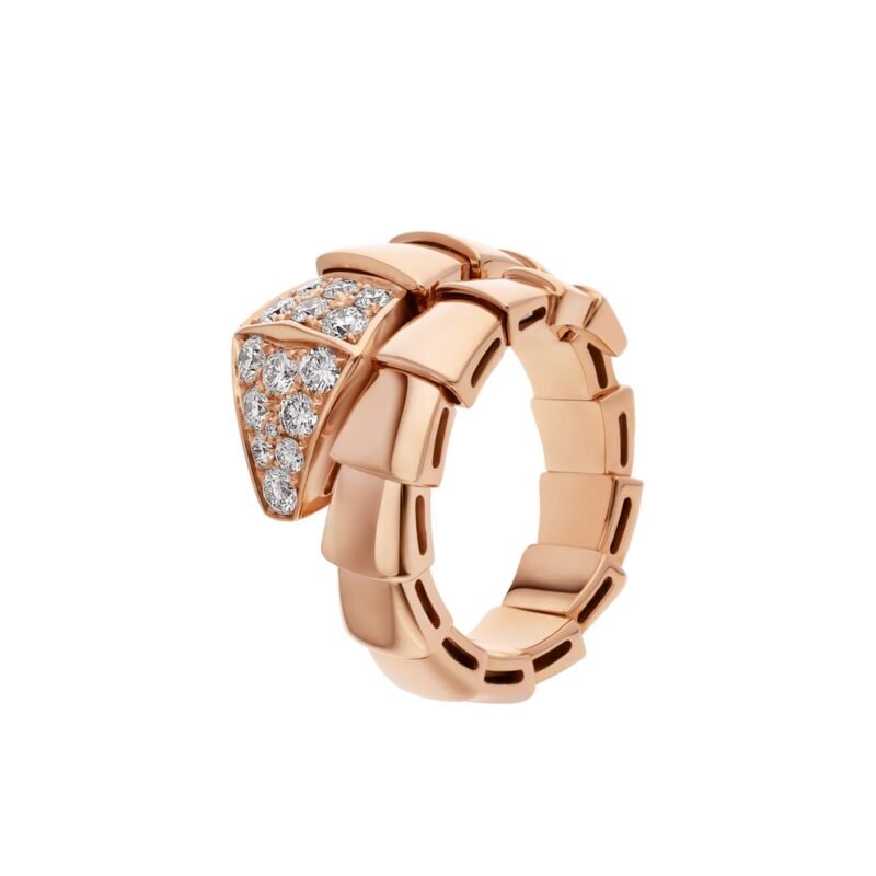 Pre-Owned Bvlgari Serpenti Viper One-Coil Ring in 18K Rose Gold Set with Pavé Diamonds on the Head