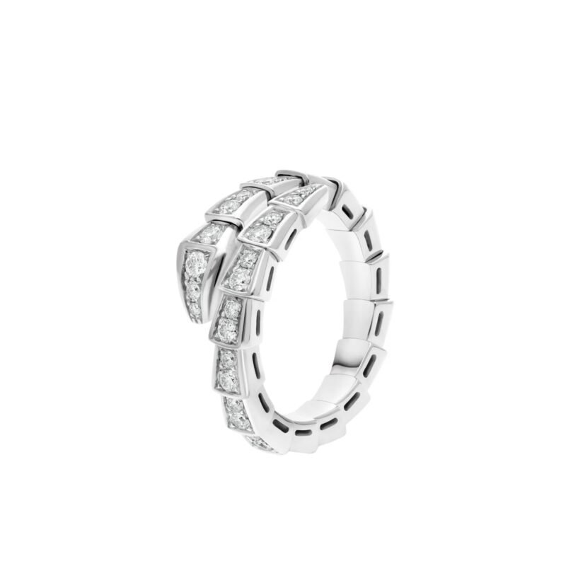 Pre-Owned Bvlgari Serpenti Viper One-Coil Ring in 18K White Gold Set with Full Pavé Diamonds