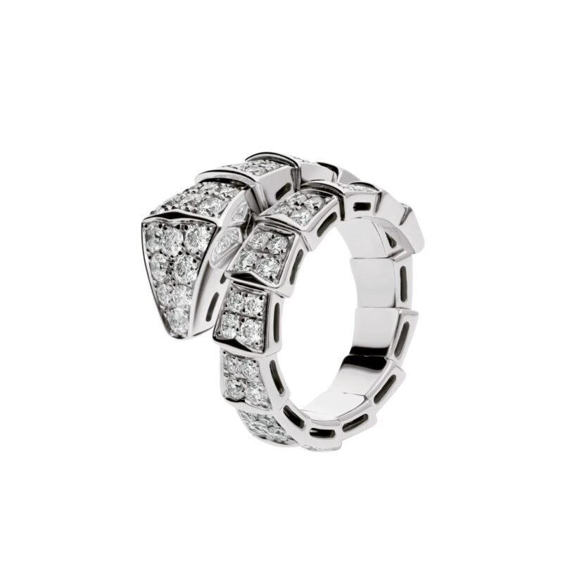 Pre-Owned Bvlgari Serpenti Viper One-Coil Ring in 18K White Gold Set with Full Pavé Diamonds