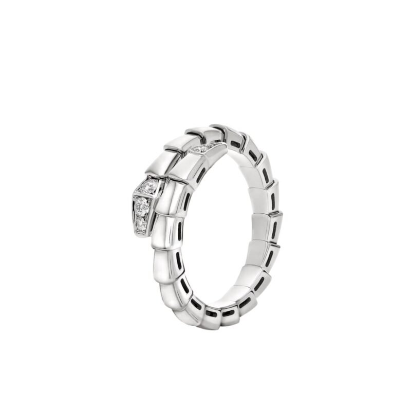 Pre-Owned Bvlgari Serpenti Viper One-Coil Ring in 18K White Gold Set with Pavé Diamonds