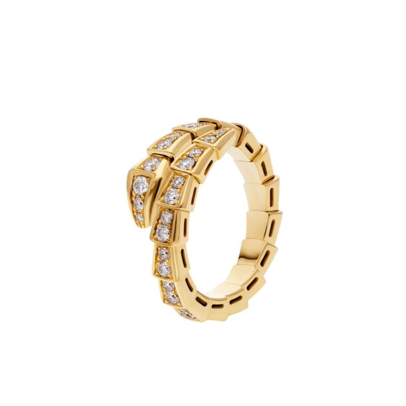Pre-Owned Bvlgari Serpenti Viper One-Coil Ring in 18K Yellow Gold Set with Full Pavé Diamonds