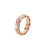 Pre-Owned Bvlgari Serpenti Viper Thick Band Ring in 18K Rose Gold Set with Pavé Diamonds and White Mother-of-Pearl Elements