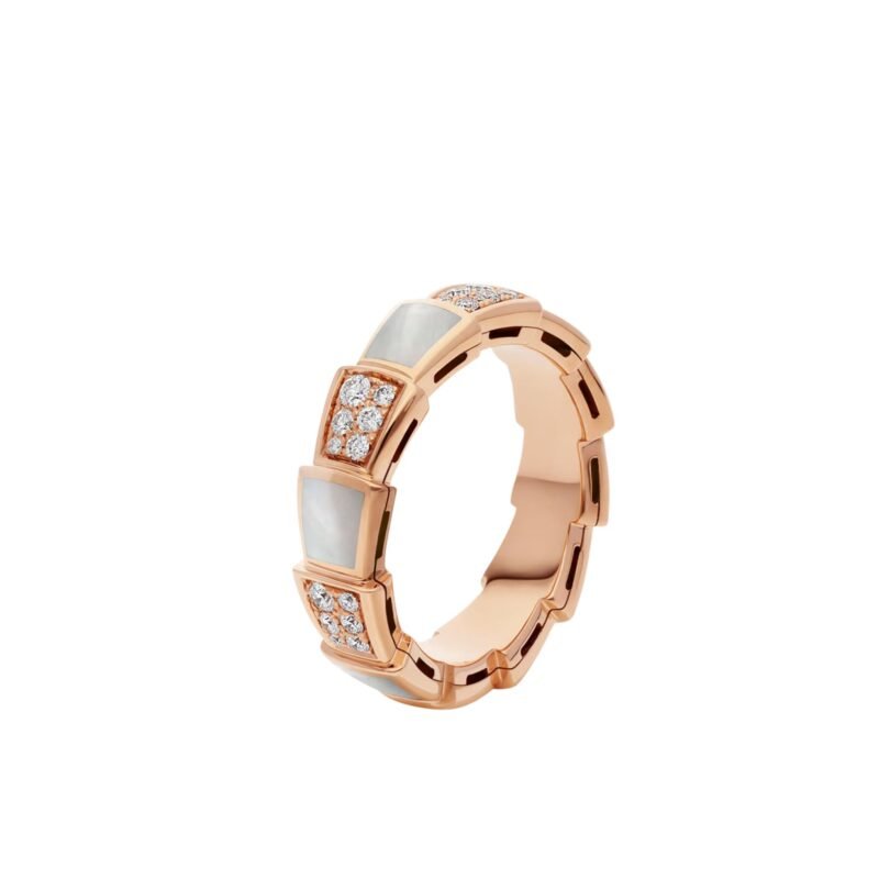 Pre-Owned Bvlgari Serpenti Viper Thick Band Ring in 18K Rose Gold Set with Pavé Diamonds and White Mother-of-Pearl Elements