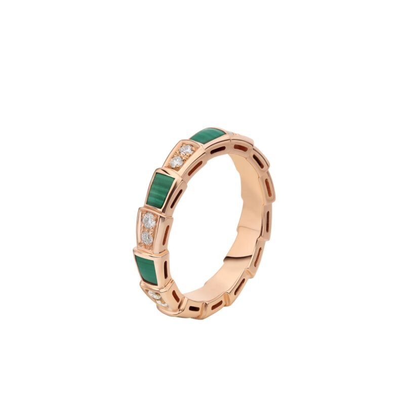Pre-Owned Bvlgari Serpenti Viper Thin Ring in 18K Rose Gold Set with Malachite Elements and Pavé Diamonds