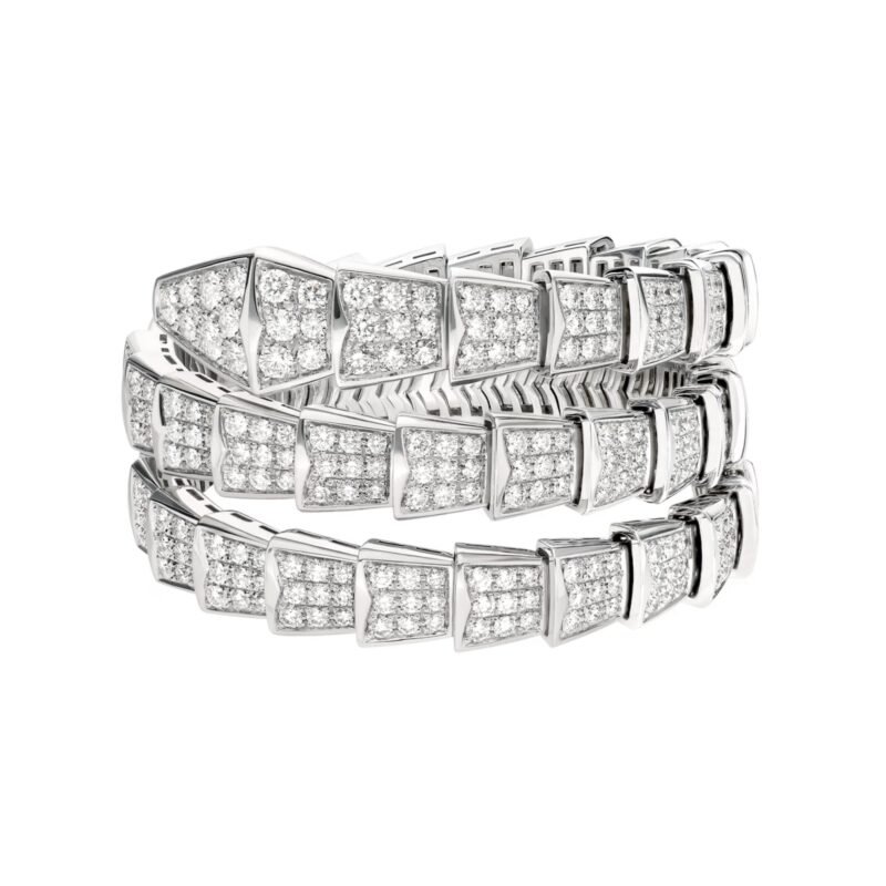 Pre-Owned Bvlgari Serpenti Viper Two-Coil 18K White Gold Full Pavé Diamond Bracelet