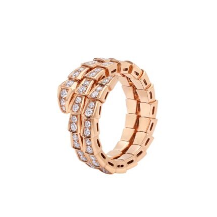 Pre-Owned Bvlgari Serpenti Viper Two-Coil Ring in 18K Rose Gold Set with Full Pavé Diamonds