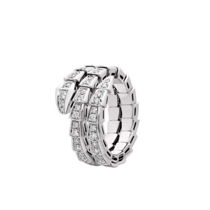 Pre-Owned Bvlgari Serpenti Viper Two-Coil Ring in 18K White Gold Set with Full Pavé Diamond