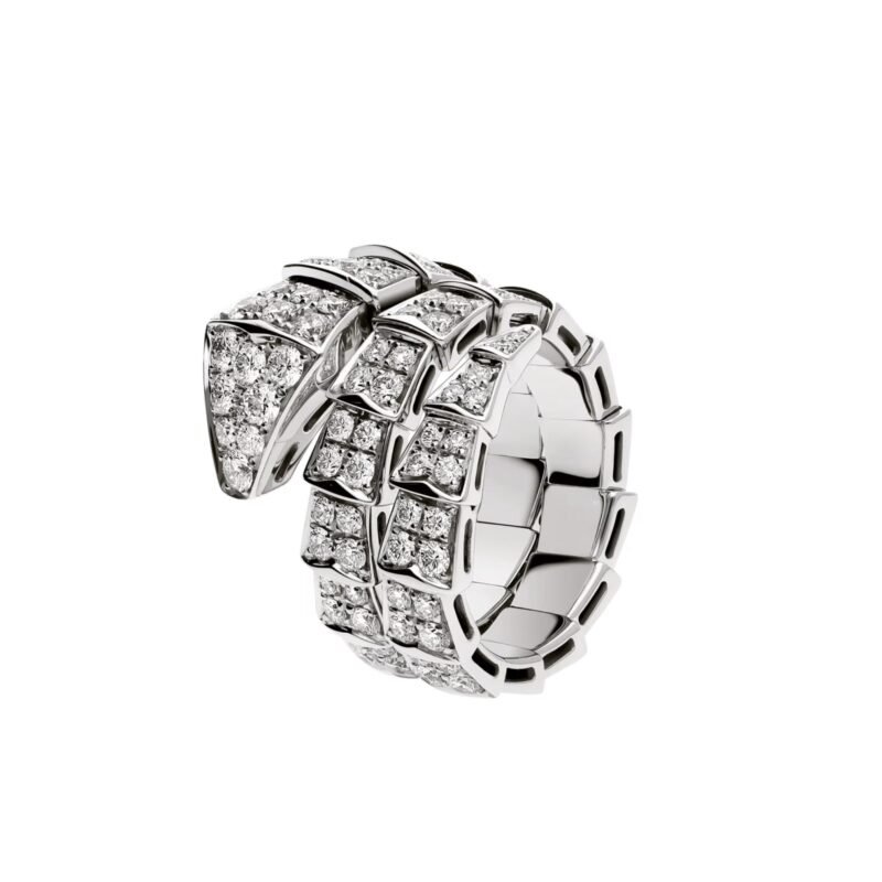 Pre-Owned Bvlgari Serpenti Viper Two-Coil Ring in 18K White Gold Set with Full Pavé Diamonds