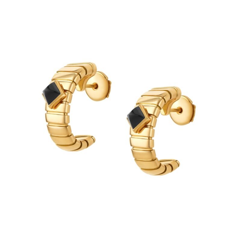 Pre-Owned Bvlgari Tubogas 18K Yellow Gold Hoop Earrings with Black Onyx Studs