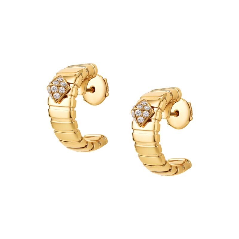 Pre-Owned Bvlgari Tubogas 18K Yellow Gold Hoop Earrings with Pavé Diamond Studs