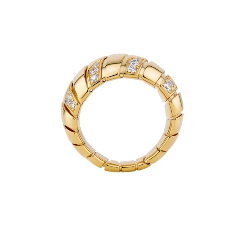Pre-Owned Bvlgari Tubogas Ring in 18K Yellow Gold Set with Pavé Diamonds