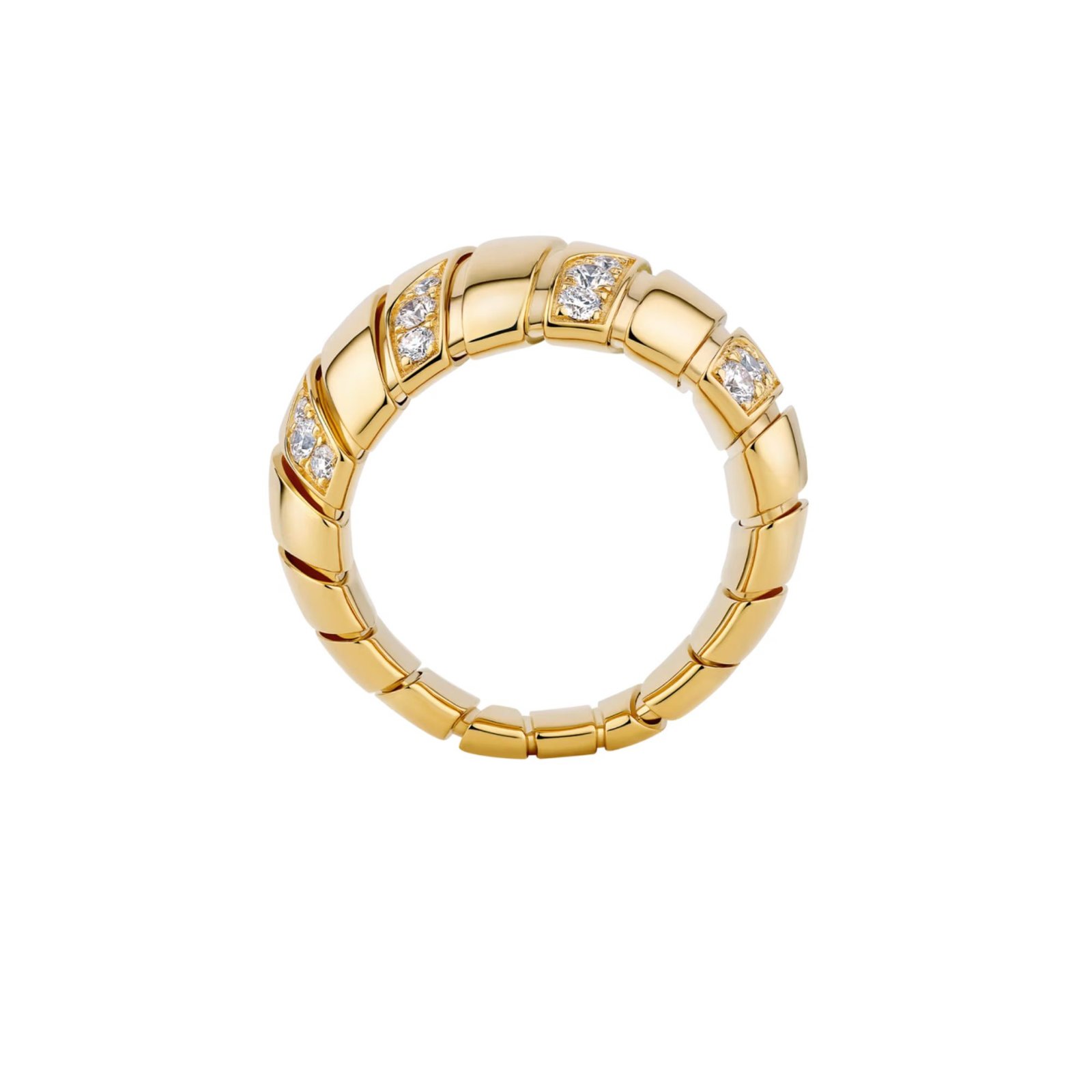 Pre-Owned Bvlgari Tubogas Ring in 18K Yellow Gold Set with Pavé Diamonds (1) Pre-Owned Bvlgari Tubogas Ring in 18K Yellow Gold Set with Pavé Diamonds