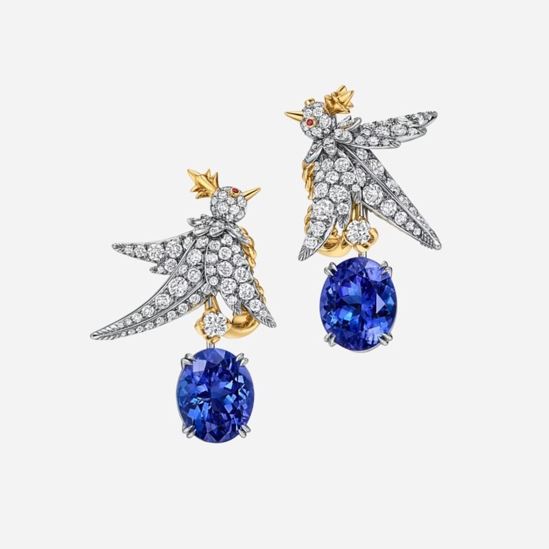 Pre-Owned Tiffany Bird on a Rock Drop Earrings in Platinum and 18K Yellow Gold with Tanzanites
