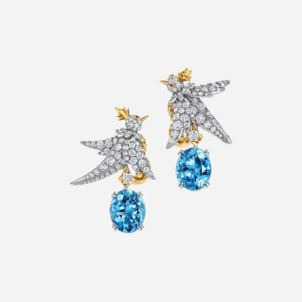 Pre-Owned Tiffany Bird on a Rock Drop Earrings in Platinum and 18K Yellow Gold with Aquamarines, Diamonds and Rubies