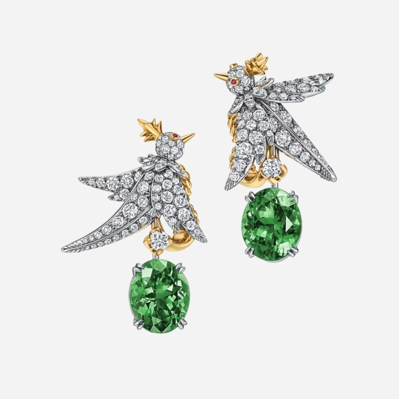 Pre-Owned Tiffany Bird on a Rock Drop Earrings in Platinum and 18K Yellow Gold with Green Tourmalines, Diamonds and Rubies