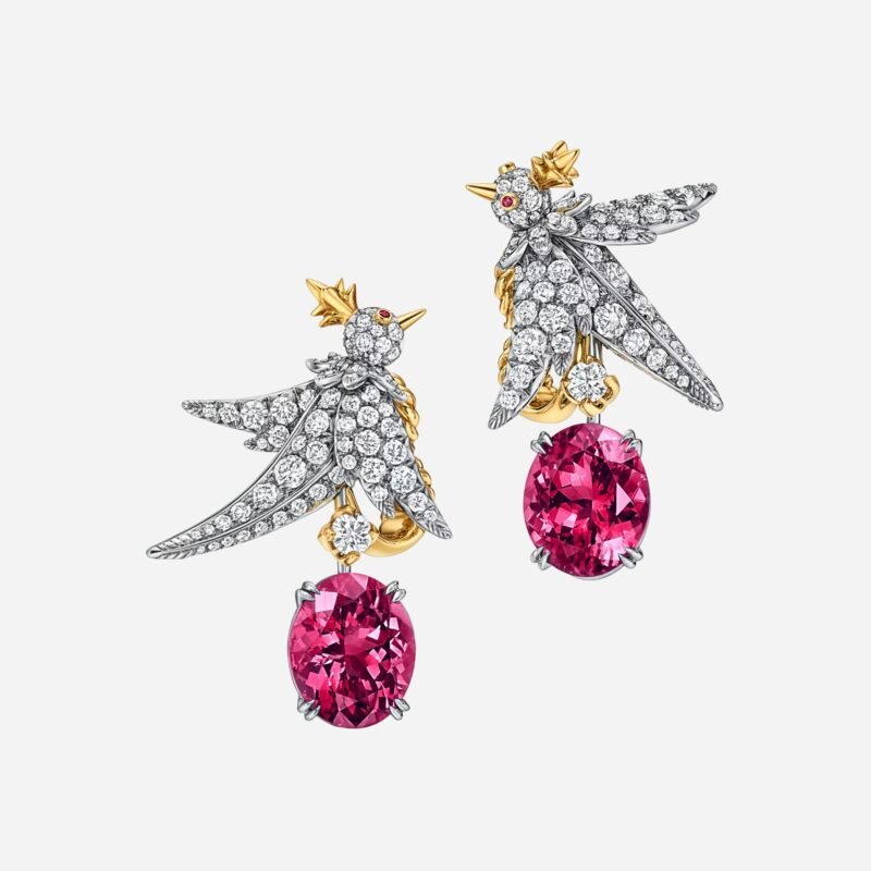 Pre-Owned Tiffany Bird on a Rock Drop Earrings in Platinum and 18K Yellow Gold with Rubellites, Diamonds and Rubies