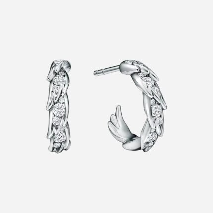 Pre-Owned Tiffany Bird on a Rock Wings Hoop Earrings in Platinum with Diamonds