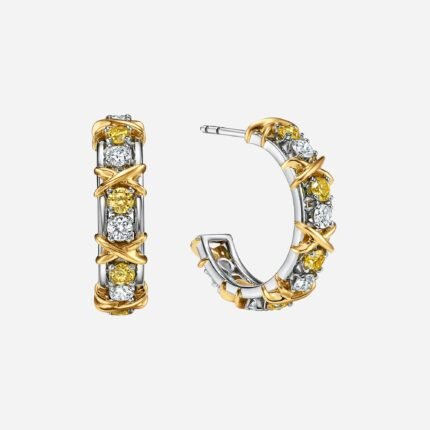 Pre-Owned Tiffany & Co. Sixteen Stone Hoop Earrings in Platinum and 18K Yellow Gold with Yellow and White Diamonds