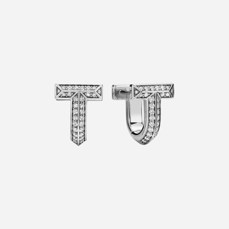 Pre-Owned Tiffany T T1 Half Pavé Diamond Huggie Earrings in 18K White Gold