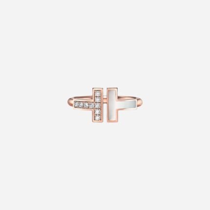 Pre-Owned Tiffany T Wire Ring in 18K Rose Gold with Mother-of-Pearl and Round Brilliant Diamonds