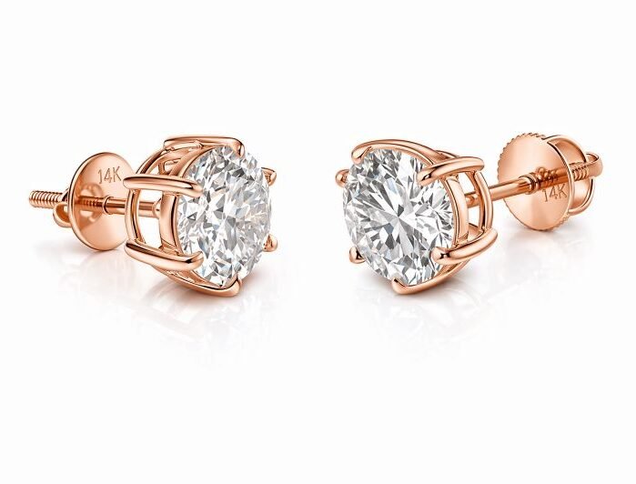 14K Solid Gold Round Diamond Classic 4 Prong Screw Back Stud Earrings