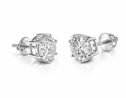 14K Solid Gold Round Diamond Classic 4 Prong Screw Back Stud Earrings