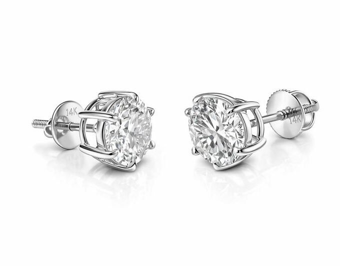 14K Solid Gold Round Diamond Classic 4 Prong Screw Back Stud Earrings