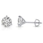14K Solid Gold Round Diamond Martini 3 Prong Stud Earrings