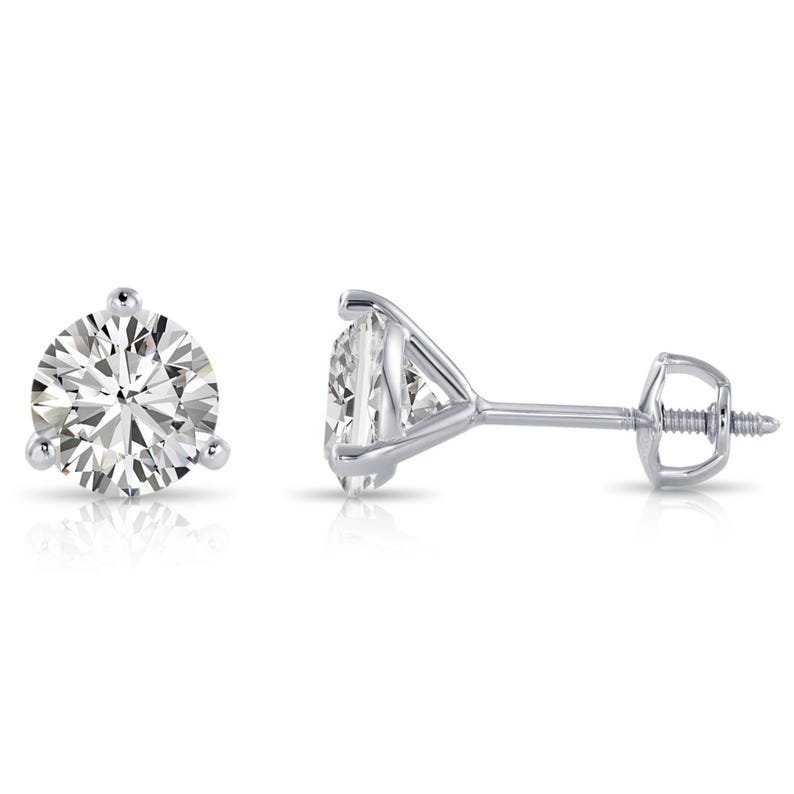 14K Solid Gold Round Diamond Martini 3 Prong Stud Earrings